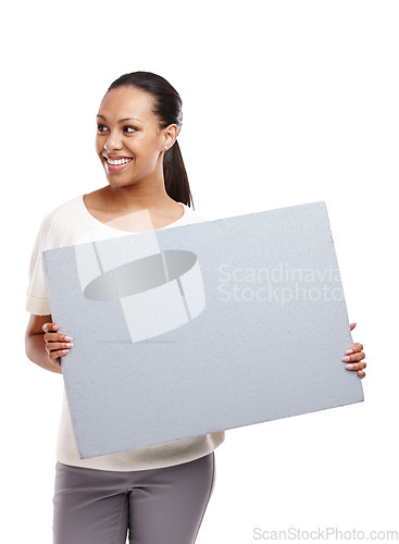 Image of Studio, mockup and woman with banner on a white background for announcement, information and message. Marketing, advertising and happy girl isolated with gray poster for branding, logo and copy space