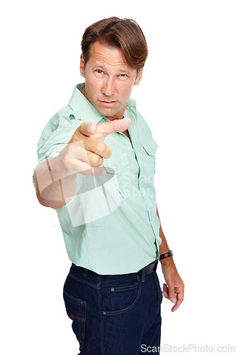 Image of Portrait, angry and man pointing, upset and mature guy isolated on white studio background. Male, gentleman and gesture for argument, anger and screaming for fight, issues and problems on backdrop