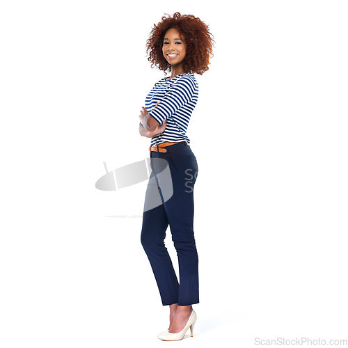 Image of Portrait, black woman and arms crossed with smile, fashion and stylish girl isolated on white studio background. African American female, young lady or gesture for confidence, casual outfit and happy