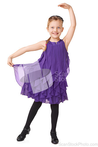 Image of Ballroom dance, smile and portrait of little girl dancing, kindergarten child in pretty dress on white background. Art, small folk dancer and happiness, student training in dance studio with curtsy.