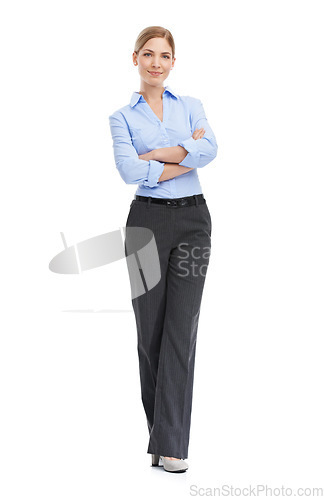 Image of Business woman, full body portrait and confident smile with vision, leadership and motivation on white background. Corporate fashion, professional confidence and happy woman boss standing in studio.