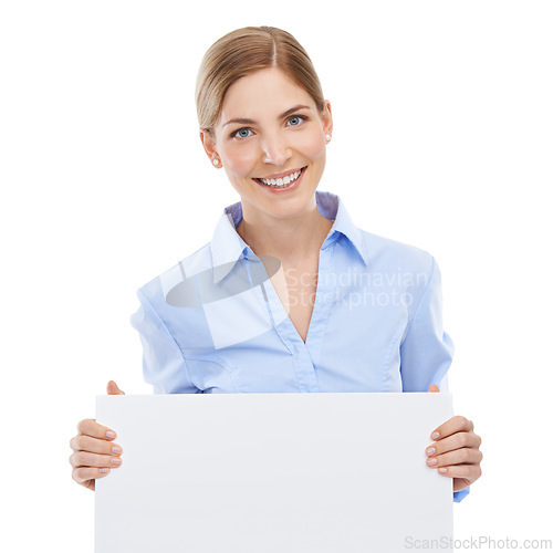 Image of Business, smile and woman with a board with mockup space for announcement or advertising. Signage, poster and portrait of a female model with blank bulletin with copy space by white studio background