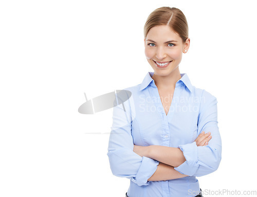 Image of Leadership, portrait and business woman with arms crossed in studio on white background mock up. Face, boss and smile of happy, confident and proud female from Canada with vision and success mindset