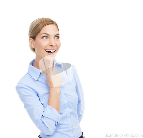 Image of Wow, surprise and business woman with mockup space isolated on a white background for advertising. Face of a female entrepreneur in studio happy about startup marketing, announcement or discount deal