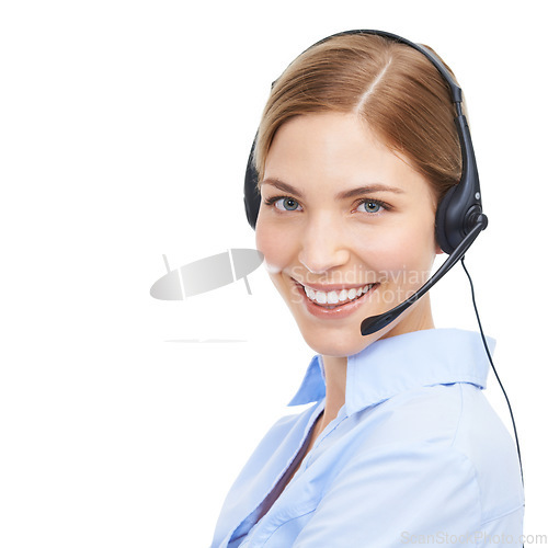 Image of Face, customer service portrait and woman at call center in studio isolated on white background mock up. Crm, contact us and happy female telemarketing worker, consultant or sales agent from Canada.