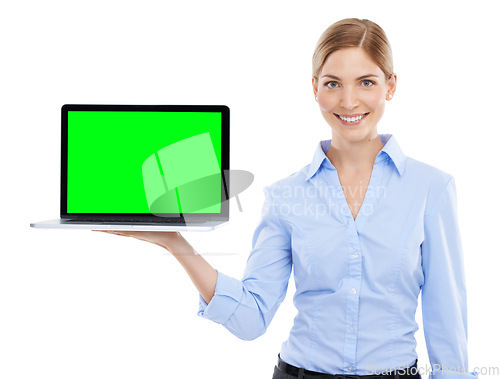 Image of Portrait, green screen and business woman with laptop in studio isolated on white background. Face, product placement and female employee holding computer with mock up, chroma key or marketing space.