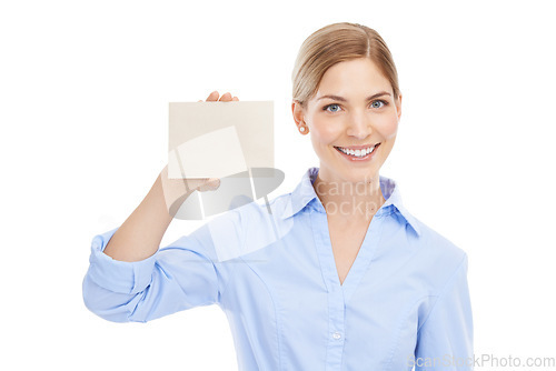 Image of Business, smile and woman with a card with mockup space for announcement or advertising. Signage, bulletin and portrait of a female model with blank board with copy space by white studio background.