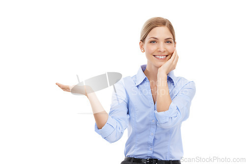 Image of Business woman, portrait and hand mockup while excited for product placement or advertising space. Happy female entrepreneur with open palm for a promotion, discount offer or branding for startup