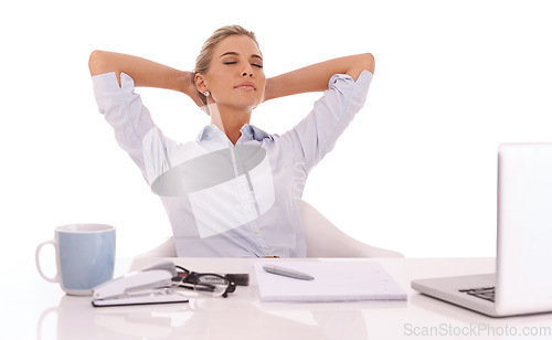 Image of Corporate, working and relax with a business woman in studio on a white background sitting hands behind head. Laptop, success and coffee with a female employee feeling relaxed at her work desk