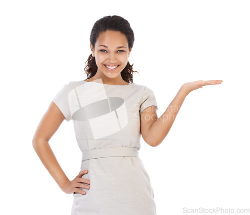 Image of Happy, confident and portrait of black woman with product placement for marketing with positive smile. Happiness, confidence and elegant woman with mockup white background for advertising promotion.