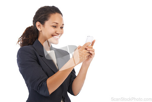 Image of Phone, business or happy black woman typing email, reading news or doing internet, web or online search mockup. Website, studio smartphone user or girl with digital mobile on mock up white background