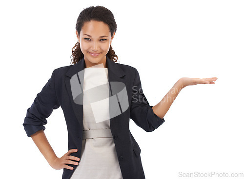 Image of Corporate, worker and portrait of woman with product placement for marketing with positive smile. Happiness, confidence and elegant black woman with mockup white background for advertising promo.