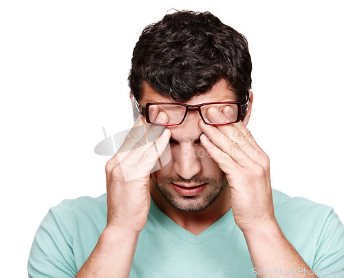 Image of Mental health, headache and face of studio man with anxiety problem, burnout fatigue and depressed over mistake. Medical healthcare crisis, sad depression and model with stress on white background