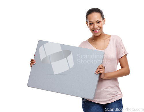 Image of Black woman, blank sign and portrait of a model holding a marketing and advertisement poster. Isolated, white background and happy person smile with advertising billboard for sale or paper deal