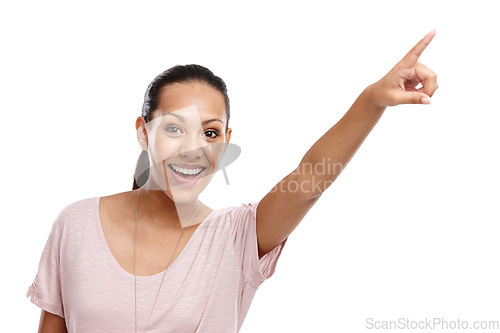 Image of Black woman, excited portrait and pointing finger in studio for advertising mockup, marketing promo or retail sales suggestion. Happy person, point and vision motivation isolated in white background