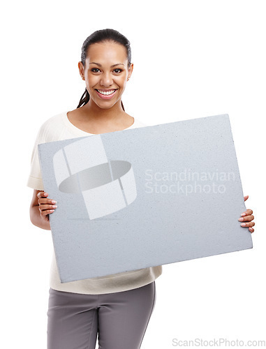 Image of Studio portrait, marketing poster and woman with smile, mockup and happy by white background. Isolated black woman, mock up billboard and happiness for blank paper board, branding or advertising sign