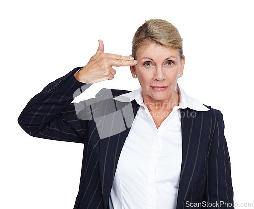 Image of Suicide, hand gun and portrait of senior woman with mental health problem, business depression crisis and job mistake stress. Burnout, career anxiety and worker depressed on white background studio