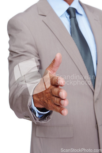 Image of Handshake, business and man in studio for greeting, welcome or onboarding partnership. Professional, deal and closeup of corporate male model with a shaking hands gesture isolated by white background