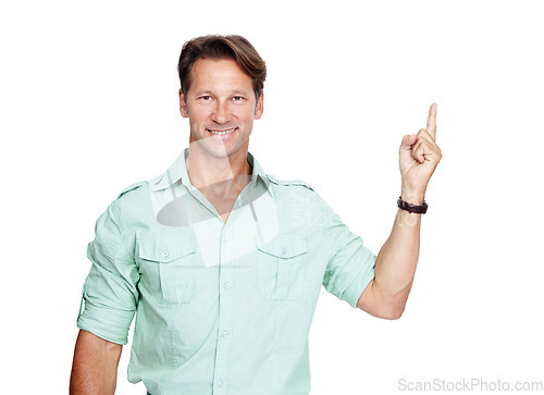 Image of Mature man, portrait or hand pointing up at marketing space, product placement or advertising white background. Smile, happy person or hand gesture showing promotion, sales deal or isolated discount