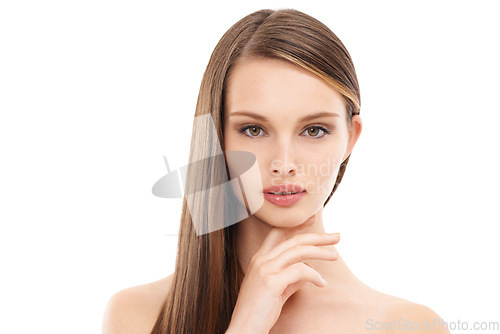 Image of Beauty model, skincare and portrait with brunette hairstyle, makeup cosmetics or keratin treatment for isolated self care. Woman, face and brown color in hair care growth or glow on white background