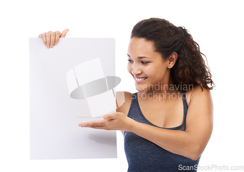 Image of Mockup, marketing and black woman with placard, advertising message and female isolated on white studio background. Jamaican girl, lady and black poster for brand development and product placement