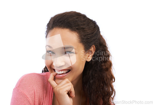 Image of Thinking, idea and black woman biting finger with happy, aha and cheerful smile for brainstorming. Happiness of young woman with ideas, confidence and optimistic mindset in white studio background.