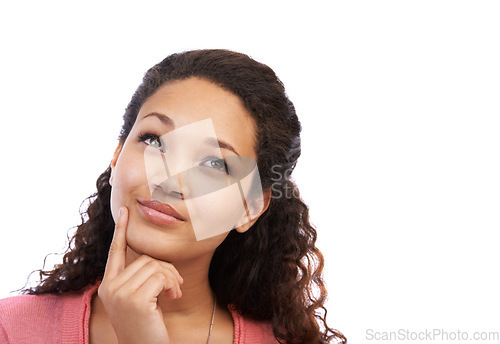 Image of Thinking, choice and face of a black woman with an idea on an isolated white background in a studio. Wondering, decision and emoji of an African girl looking thoughtful on a studio background