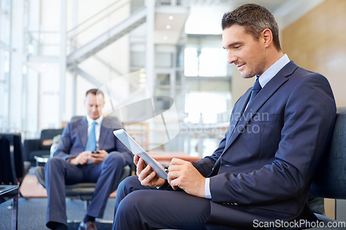 Image of Relax, tablet and networking with businessman in lounge of corporate company for search, internet and contact. Communication, planning and idea with men in lobby for technology, goal and email