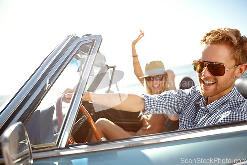 Image of Car road trip, happy travel and couple on bonding holiday adventure, transportation journey or fun summer vacation. Love flare, convertible automobile and driver driving on Canada countryside tour