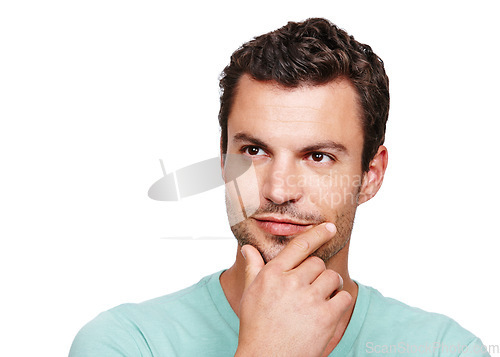 Image of Man, serious face and thinking hands in white background for idea planning, inspiration mindset and thoughtful ideas. Person, vision success and mindfulness, pensive doubt or worry isolated in studio