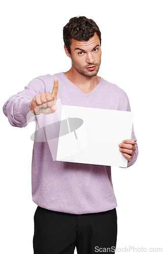 Image of Man portrait, hold hand sign and blank sign of a model show marketing and advertising poster. White background, isolated and sales board poster for branding message on a mockup billboard on paper