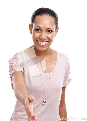 Image of Handshake, happy and portrait of a woman in a studio for greeting, welcome or agreement. Friendly, happiness and female model with a shaking hands gesture for a deal isolated by a white background.