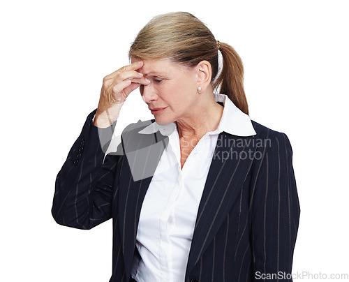 Image of Mental health, stress or business woman with headache problem, work burnout anxiety and depressed over job mistake. Career fail, studio depression crisis or sad corporate employee on white background