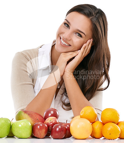 Image of Woman, smile portrait and fruit breakfast for nutrition, healthy diet and vitamins motivation in studio. Person, happy face and food nutritionist, natural fibre and organic food for body healthcare