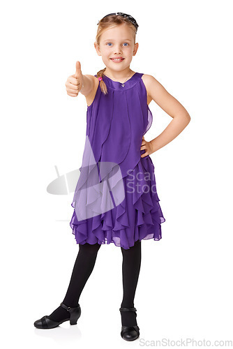 Image of Portrait, girl and thumbs up for agreement, smile and kid isolated on white studio background. Female child, young person and gesture for success, happiness and winner with dress, goal and motivation