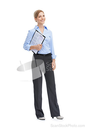 Image of Portrait, documents and review with a business woman in studio on a white background holding a contract or survey. Clipboard, research and agenda with a female employee holding paperwork for kpi