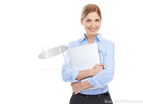 Image of Business woman with laptop in professional portrait, technology and internet network on white background. Company communication, email and work, employee and happy corporate female with tech mockup