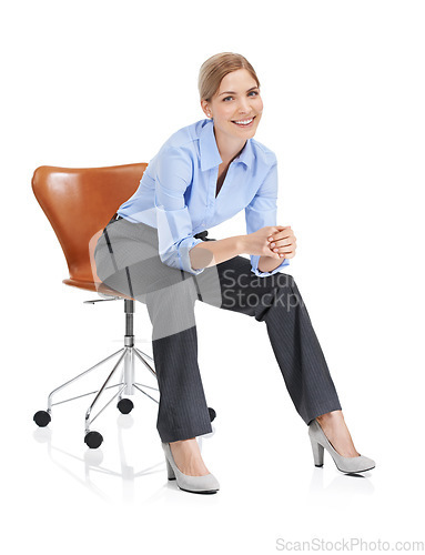 Image of Portrait, smile and business woman on chair in studio isolated on white background. Ceo, boss and happy, confident and proud female employee from Canada sitting on seat with vision or success mindset