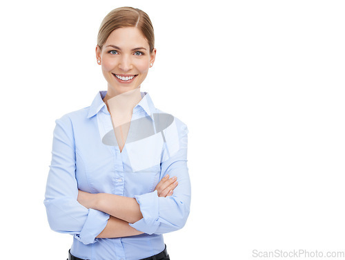 Image of Leadership, arms crossed and portrait of business woman in studio on white background mock up. Face, boss and smile of happy, confident and proud female from Canada with vision and success mindset.