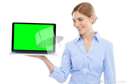 Image of Laptop, green screen and business woman in white background, isolated studio and mockup advertising space. Worker, female model and mock up computer, website technology and digital marketing platform