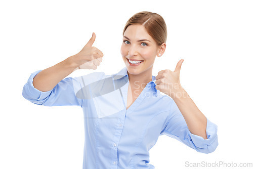 Image of Thumbs up, hands and portrait of a business woman for winning, success and thank you for support or approval. Happy female with like emoji for deal, sale or discount isolated on white background