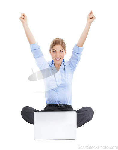 Image of Winner, celebration and business woman with laptop in studio isolated on white background. Success, computer or portrait of female celebrating goals, target achievement or victory, lottery or winning