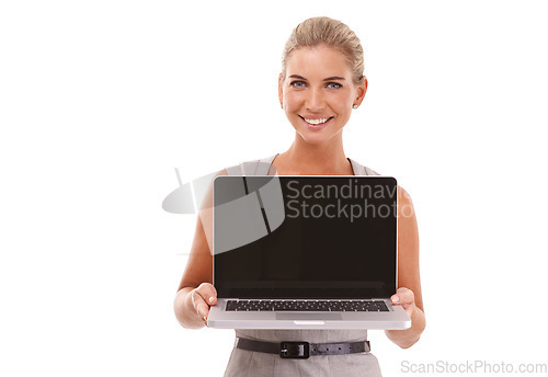 Image of Laptop mockup, portrait and businesswoman with white background isolated in studio for advertising space. Happy worker, female model and computer technology, website and digital marketing platform