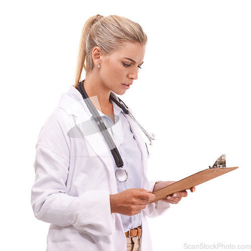 Image of Worried healthcare doctor with clipboard on a white background reading lab results for hospital data. Confused medical worker or woman paperwork, documents or report for health exam on studio mockup