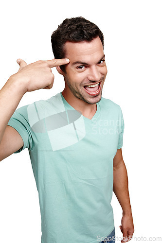 Image of Portrait, man and pointing to head for idea, thinking and guy isolated on white studio background. Young male, gentleman or gesture for mindset, focus or brain power for thought, planning or decision