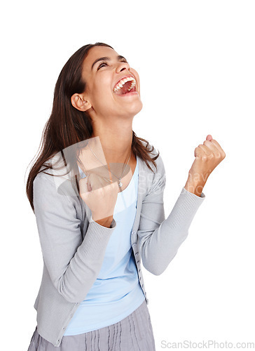 Image of Success, wow and winner girl in studio with career victory, surprise and milestone with excited scream. Celebration, happiness and achievement of young business woman on isolated white background.