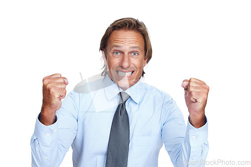 Image of Frustration, fist and portrait of a businessman in studio with an angry facial expression for bad news. Upset, stress and frustrated corporate male model with a problem isolated by white background.