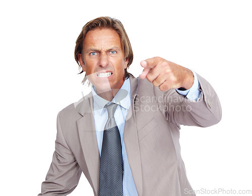 Image of Hand point, angry and corporate man portrait of a business manager feeling frustrated. Isolated, white background and anger of a upset ceo person from work in a suit with job problems and conflict