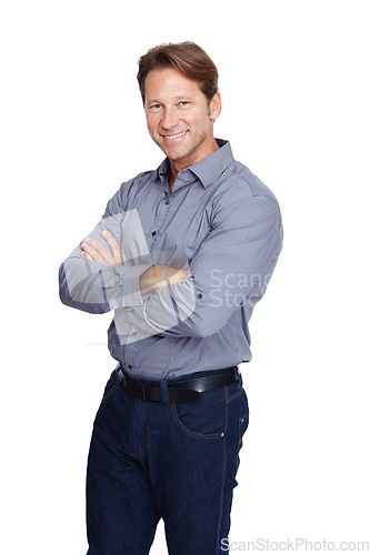 Image of Mature businessman, portrait or arms crossed on isolated white background with finance goals or investment ideas. Smile, happy or financial worker with success mindset, about us or mockup innovation