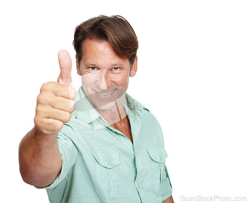 Image of Mature businessman, portrait or thumbs up hands on isolated white background for success, growth or motivation. Face, smile or happy worker with thumb, yes hand gesture or winner good luck on mockup